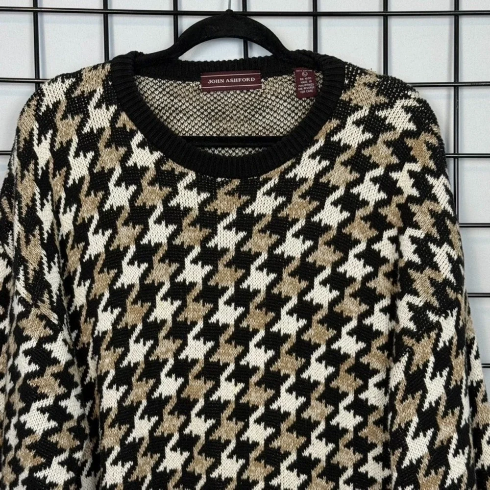 Vintage John Ashford‎ Sweater Mens Large Beige Black Houndstooth Cosby Eclectic